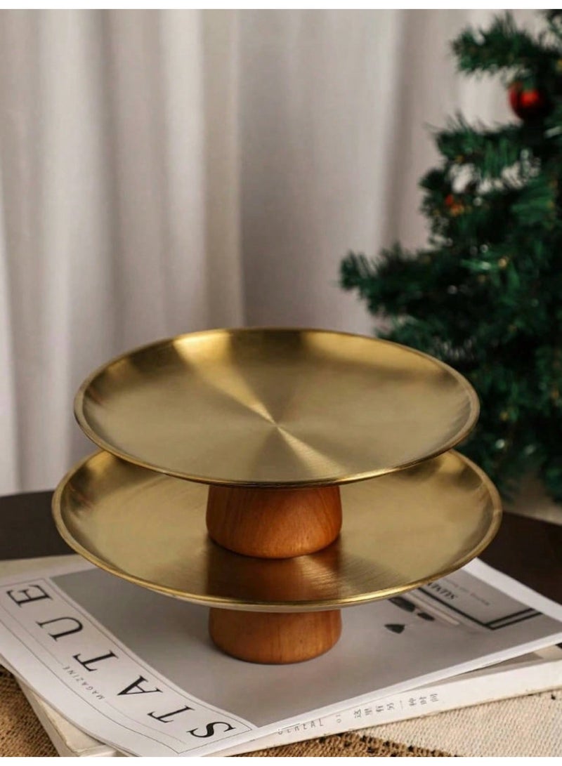 دائرة مربعة طقم حامل فواكه وكيك من قطعتين من الستانلس ستيل مع قاعدة خشبية، صحن تقديم ذهبي فاخر، سهل التركيب مع لاصق تثبيت، مناسب لرمضان والضيافة - Image 5